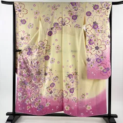 【美品】 振袖 身丈156cm 裄丈65.5cm M 袷 花籠 桜 箔 ぼかし 薄黄 正絹 名品 【中古】