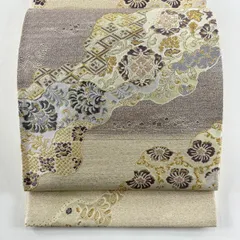【美品】 袋帯 名品 道長 草花 花菱 金糸 ベージュ 六通 正絹 【中古】