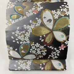 【美品】 袋帯 名品 振袖向き 桜 桜の花びら 金糸 刺繍 灰色 六通 正絹 【中古】