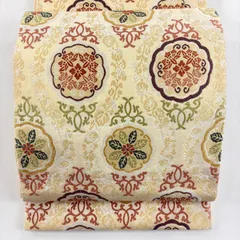 袋帯 名品 落款 宮中唐織文様 花唐草 唐織 薄黄 六通 正絹 【中古】