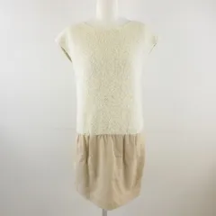 ノーリーズ Nolley's 膝丈ワンピース フレンチスリーブ 異素材 ループニット ツイード オフホワイト 白 ベージュ 38 *E11