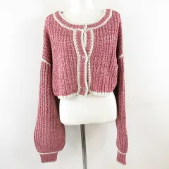 グレイル GRL ボリュームスリーブミックスニットカーディガン クロップド丈 長袖 ピンク F *A192