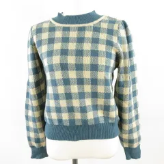 エムズエキサイト EMSEXCITE ニット セーター チェック 長袖 青 ベージュ F *A174