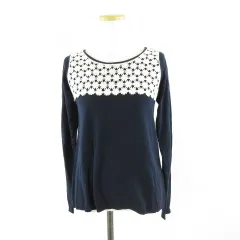 アースミュージック&エコロジー EARTH MUSIC & ECOLOGY ニット 長袖 花柄刺繍 紺 オフホワイト S *A681