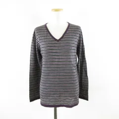 コムサイズム COMME CA ISM カットソー ニット Vネック 長袖 ボーダー 紫 グレー L *A816