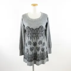 Min Rna ニット チュニック 長袖 総柄 グレー 黒 M *A394