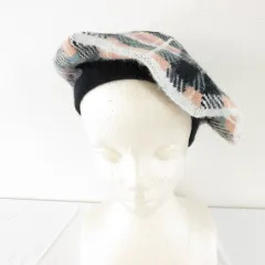 ダーリッチ Darich ツイードチェックニットベレー 帽子 黒 ピンク F *A639