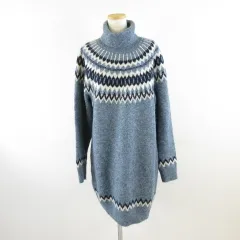 ギャップ GAP タートルネックニットワンピース ひざ丈 長袖 総柄 青 M *A725