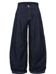 ブルーデニム ナイフエッジ ワイドレッグパンツ 韓国 ストリート ユニセックス