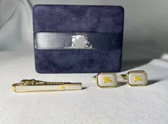 美品 Burberry バーバリー ホースナイトロゴ 騎士デザイン&シャドーチェックライン カフス ネクタイピン セット カフリンクス タイピン