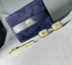 美品 Burberry バーバリー ホースナイトロゴ 騎士デザイン&シャドーチェックライン カフス ネクタイピン セット カフリンクス タイピン