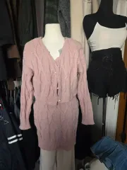 ピンク ケーブル編み ニット カーディガン スカート セット