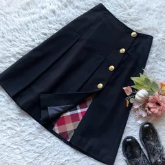 BLUE LABEL  CRESTBRIDGE ブルーレーベルクレストブリッジ　美品　ボックスプリーツ　ウール混ラップスカート　クレストブリッジチェック　38　黒　近年モデル