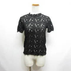 ジーユー GU 半袖 レース フリルネック Tシャツ カットソー S 黒 ブラック