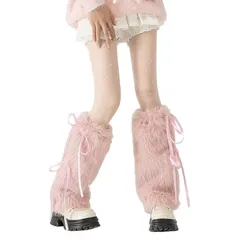 【新品】 [MQFHDTNF] レッグウォーマー ファー リボン付き フェイクファー ルーズソックス レディース 足首ウォーマー ハイソックス ふわもこ ギャル y2kファッション 靴下 美脚 高校生 冷え対策 40cm (ピンク, 40cm) 1
