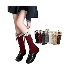 【新品】 [Furidom] レッグウォーマー レディース レース裾 リボン付き ニットルーズソックス ロリータ バレエ風 足首ウォーマー 柔らかい 冷え対策 女子 JK 通学 可愛い 1