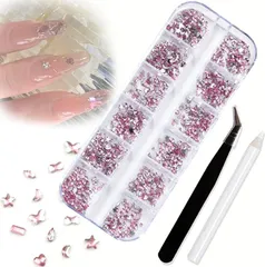 VICHE CATT ネイルパーツ ストーン ラインストーン ビーズ ピンセットとワックスペンシル付き ネイルアート デコパーツ (ピンク)