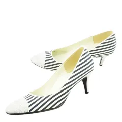 ダイアナ DIANA Artemis パンプス ハイヒール アーモンドトゥ キャンバス 切替 レース ラメ ストライプ 24.0cm 紺 ネイビー /CK12 ■GY12