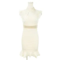 デイジーストア DAZZY STORE ミニワンピース ドレス マーメイド ノースリーブ フリル 総レース フラワー ビーズ装飾 リボン S ベージュ /AH28