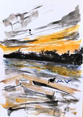 原画#211 黒猫 鳥 夕暮れ コネチカット アメリカ 水彩画 ドローイング