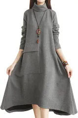 Elixio エリクシオ ワンピース レディース ロングワンピース 長袖 Aライン ハイネック タートルネック あったか あたたかい 体型カバー カジュアル 秋 冬 厚手 ストライプ (グレー,  2XL)