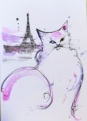 原画#213 猫 雪 エッフェル塔 パリ フランス 水彩画 ドローイン