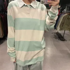 (216) ストライプ ロングスリーブ ポロTシャツ ミント