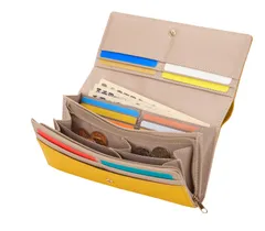 仕分け上手な本革かぶせ長財布イエロー　レディース　一粒万倍日　牛革　 シンプル　プレゼント　春財布　新生活　開運縁起　母の日