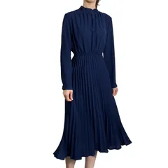 【数量限定】【大人気】秋 春 ネイビー 二次会 通勤 おしゃれ エレガント 可愛い 着痩せ 無地 ロング タイネック 体型カバー 冬 ドレス プリーツ Aライン ウエストゴム ビジネス オフィス シフォン 長袖 レディース ワンピース [SIPERLARI]