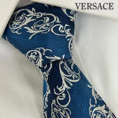 《美品》VERSACE (ヴェルサーチェ) シルクネクタイ 総柄 バロック ボタニカル メデューサロゴ ブルー シルバー