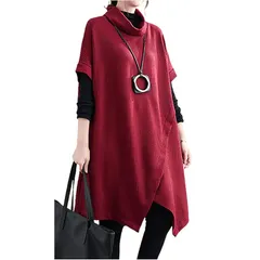 ［エムエルーセ］4色展開 重ね着 アシメデザイン ハイネック チュニック シンプル ゆったり 春 秋 冬 カジュアルドレス 袖あり 個性的 清楚 綺麗め パジャマワンピ Aライン 秋冬 膝下 無地 アシンメトリー 普段着 部屋着 くすみ カラー クラシック 上