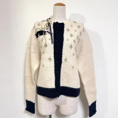Ne-net プレゼントニット デザインカーディガン ウール100% 袖口指出し手袋デザイン ビーズ刺繍 リボン オフホワイト サイズ2 Mのサムネイル
