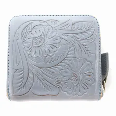 カービングトライブス Carving Tribes 二つ折り財布 ウォレット ラウンドジップ 花がら 彫刻 レザー ライトブルー /JS