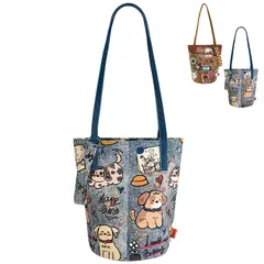 [TOFEMY] ショルダーバッグ レディース 3way トートバッグ レディース 大容量 エコバッグ 軽量 可愛い おしゃれ 和風 和柄 犬絵 バケツ型トートバッグ キャンバス 肩掛け/斜めがけ/トート バッグ 通勤/通学/高校生/出張/旅行