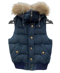 バーバリー Burberry ブルーレーベル BLUE LABEL 三陽商会 ダウン デニム フードファー ジップアップ トレンドデザイン Y2K インディゴ NAVY 紺 E1G17-805-29 ベスト ロゴ ネイビー SIZE38 104LT-321