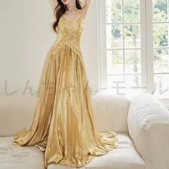 パーティードレス カラードレス Vネック キャミソールドレス ゴールド 披露宴 演奏用 イブニングドレス 演奏会ドレス ロング丈 発表会ドレ