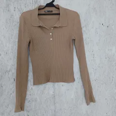 ZARA ザラ レディース トップス リブ網 ニットポロシャツ 長袖 サイズM カーキベージュ ◇〇