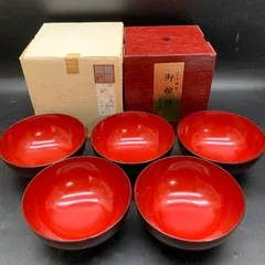 X307 未使用保管品　溜塗り 和島形 五君子 義三作 共箱 伝統工芸 会津塗 特選御椀 漆器 5客組汁椀　金彩