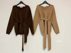 新品 Vネック スリット ニット ウエスト紐セット商品 ブラウン/ベージュ