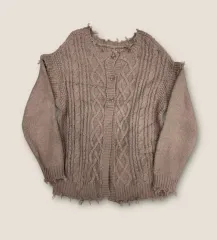 P216 ヴィンテージ ニコアンド ダメージ ウール混 ブレンド ケーブル ニット カーディガン F (W