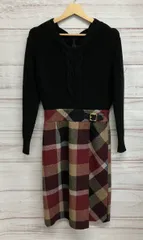 BULE LABEL ブルーレーベル CRESTBRIDGE 長袖ニットワンピース レディースサイズS ブラック&ノバチェック柄