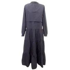 JUNOAH ボリューム ロング マキシ ワンピース ティアード フレア 長袖 M 黒 ブラック ■MMI A0624