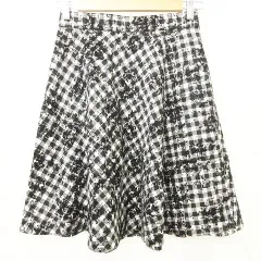 ジャスグリッティー JUSGLITTY フラワー フロッキー フレア チェック スカート ひざ丈 2 白黒 ■YHS5