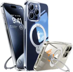 新品 TORRAS iPhone 15 Pro Max 用 ケース【超剛性｜360° ゼンマイ式スタンド × 10 万回開閉耐久】米軍規格 縦横両対応 リング付き マグネット搭載 ワイヤレス充電対応 耐衝撃 防指紋 半透明 Ostand Spin クリア