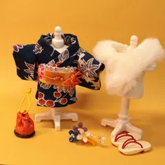 ハンドメイドドール服　着物　振袖セット　ネイビー　お姉さんサイズ　成人式　お正月　浴衣　晴れ着