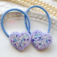 【キッズヘアゴム】ビーズ刺繍ハート 2つセット｜パステルパープル｜キラキラゆめかわ｜プレゼント・入園準備にも♡