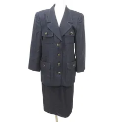 レリアン Leilian 美品 チェック スカート スーツ セット ジャケット ひざ丈 9号 Mサイズ 紺 ネイビー