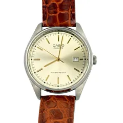 ■ CASIO カシオ クオーツ腕時計 デイト付き シルバー文字盤 レザーベルト メンズ ビンテージ