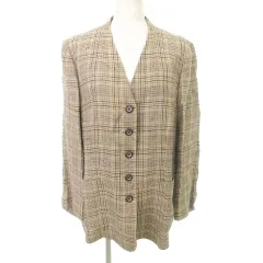 レリアン Leilian リネン ジャケット シングル Vネック チェック 薄手 13+ 約XLサイズ ベージュ ORG