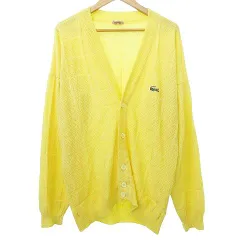 ラコステ LACOSTE フレンチラコステ カーディガン Vネック ニット 格子 トップス フランス製 約L 黄 イエロー ■MET1 ☆AA★